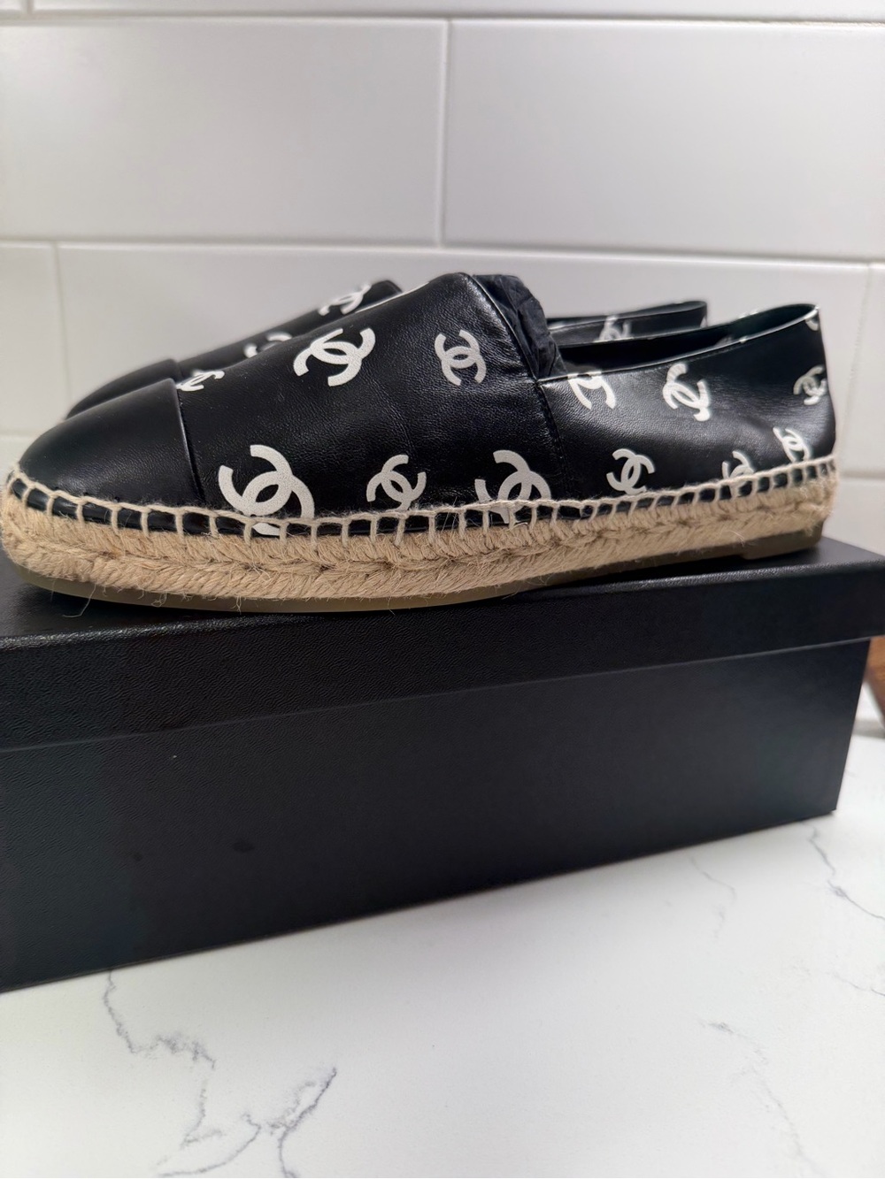 CHANEL Black Leather Espadrilles with White CC Logos - Picture 3 of 6